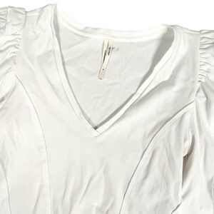 Anthropologie Puff Sleeve Structured V Neck Tee Womens M Ivory Blouse Top Ribbed